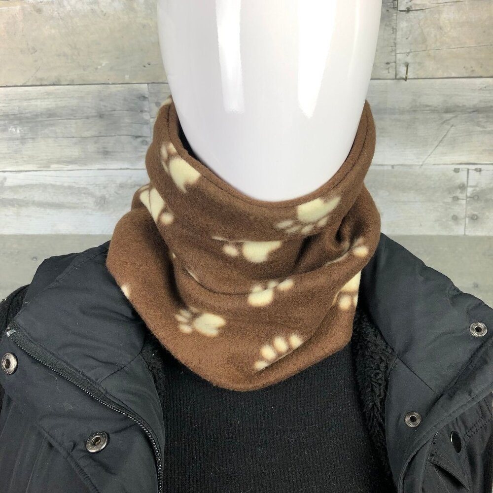 Dog Paw Print Fleece Neck Warmer: Brown Puppy Gaiter Scarf